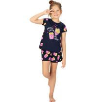 Pijama Menina Kyly em Algodão Estampa Batata Frita Marinho