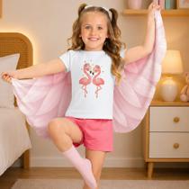 Pijama Menina Kyly em Algodão Flamingo Brilha no Escuro Acompanha Capa Branco/Rosa