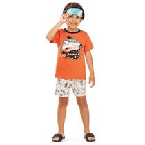 Pijama Menino Angerô Algodão Estampa Tubarão Brilha no Escuro e Máscara Laranja/Cinza