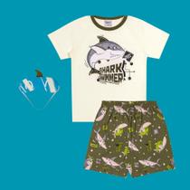 Pijama Menino Angerô Algodão Estampa Tubarão Brilha no Escuro e Máscara Off/Verde