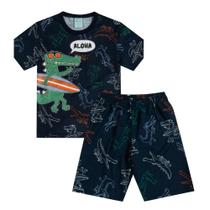 Pijama Menino Kyly Camiseta e Shorts Algodão Marinho Brilha no Escuro Estampa de Jacaré