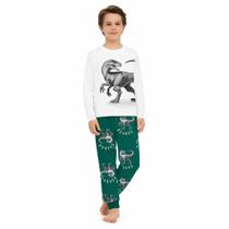 Pijama Menino Longo Camiseta Branca Dinossauro e Calça Verde Kyly Tamanho:10 anos