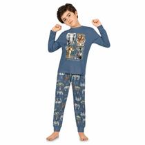 Pijama Menino Longo Malha Azul Anoitecer Animais Safári Kyly Tamanho:12 anos Pijama Menino Longo Malha Azul Anoitecer Animais Safári Kyly Tamanho:12 anos