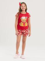 Pijama Natal Verão Menina Vermelho Blusa e Shorts Urso Natalino