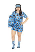 Pijama Personalizado Feminino Curto + Fronha + Tapa Olho + Meia Azul