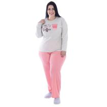 Pijama Plus Size Feminino Fechado Confortável Blusa Manga Longa Estampada e Calça Tecido Canelado