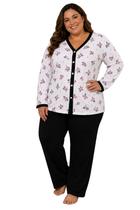 Pijama Plus Size Longo Inverno Manga Calça Cumprida Botão Gola V Dormir