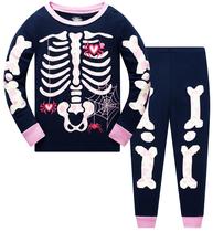 Pijama Popshion Skeleton de algodão de manga comprida para meninas 4T Pijama Popshion Skeleton de algodão de manga comprida para meninas 4T