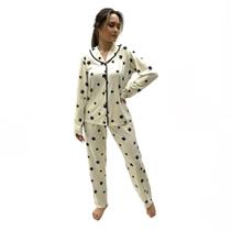 Pijama recco aberto manga longa calça cetim flanelado feminino