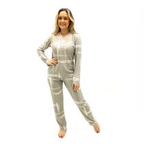 Pijama recco inverno cetim flanelado bordado textura cinza feminino