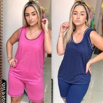 Pijama Regata Blusa De Poa Com Bordado Short Liso