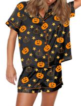Pijama SHESHOW Halloween feminino com estampa de abóbora preto acetinado XS