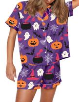 Pijama SHESHOW para mulheres de Halloween com estampa de abóbora, cetim roxo