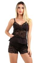 Pijama Short Doll Baby Doll IMI Lingerie Em Microfibra E Renda Lina Preto