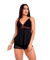 Pijama Short Doll Baby Doll IMI Lingerie Microfibra E Renda Hope Preto