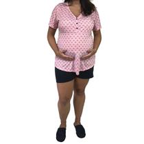 Pijama Short Doll Grávida Maternidade Manga Curta Coração