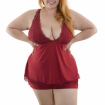 Pijama Short Doll Plus Size Costa Nadador em Liganete com Renda Santa Passion .