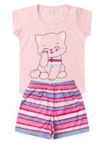 Pijama Verão Menina Rosa Blusa e Shorts Gatinha Listrada