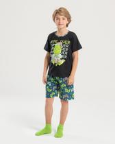 Pijama Verão Menino Preto Camiseta Brilha no Escuro e Bermuda Jacaré Game Over