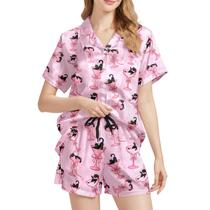 Pijama WELLINZER Cocktail Cat, seda, cetim, manga curta, mulher Pijama WELLINZER Cocktail Cat, seda, cetim, manga curta, mulher