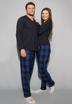 Pijama Xadrez Azul Calça e Camisa Manga Longa Preta