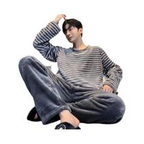 Pijamas De Flanela Masculinos De Inverno, Conjunto De Roupas De Dormir Com Listras Coreanas, Manga