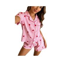 Pijamas Femininos Com Estampa De Coração Vermelho E Listras Rosas, Conjunto De Cardigan De Manga