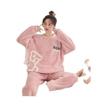 Pijamas Femininos De Flanela Grossa E Quente, Conjunto De Loungewear Com Manga Longa E Estampa De