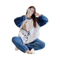 Pijamas Femininos De Flanela Grossa E Quente, Conjunto De Loungewear De Inverno Com Estampa De Urso