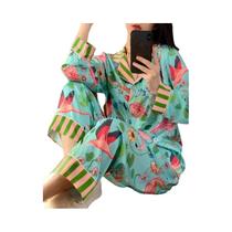 Pijamas Femininos De Manga Longa Para Primavera E Verão Com Padrão Floral De Pássaros, Conjunto