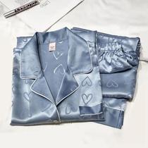 Pijamas Femininos De Renda Azul Em Seda Gelada, Conjunto De Duas Peças Com Manga Longa Para Dormir E Pijamas Femininos De Renda Azul Em Seda Gelada, Conjunto De Duas Peças Com Manga Longa Para Dormir E