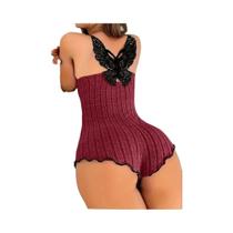 Pijamas Femininos De Verão, Macacão Com Bordado De Borboleta E Renda, Roupa De Dormir, Bodysuit,