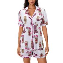 Pijamas Yiulangde Cowboy Boot para mulheres, lindos shorts preppy de seda, cetim, estampados no Y2k, conjuntos de camisas de pijama com botões