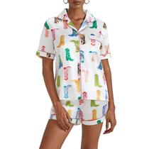 Pijamas Yiulangde Cowboy Boot para mulheres, lindos shorts preppy de seda, cetim, estampados no Y2k, conjuntos de camisas de pijama com botões