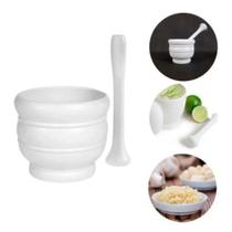 Pilão com socador de alho de plástico branco redondo - espremedor e amassador de alho