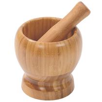 Pilão de bambu com socador para amassar alho