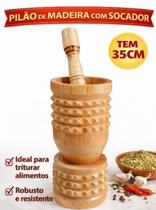 Pilão de Madeira Artesanal Fino Acabamento 35 cm Claro