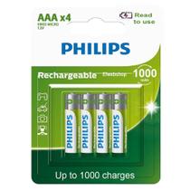 Pilha Recarregável Philips Aaa 1000 mAh Palito com 4 Unidades Prontas pro Uso RTU