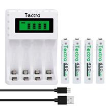 Pilhas AAAA recarregáveis Tectra 450mAh, pacote com 4 pilhas com carregador