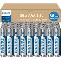 Pilhas ultraalcalinas PHILIPS AAA de 1,5 V, pacote com 36 unidades de 10 anos