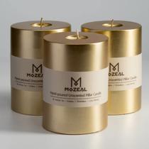 Pillar Candle MOZEAL, derramada à mão, sem perfume, 3 x 4 polegadas, conjunto de 3 peças douradas