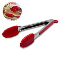 Pinça Pegador Culinário Silicone 27 Cm Multiuso Inox Fritura Vermelho