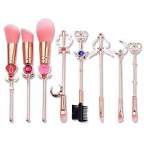 Pincel de maquiagem SailorMoon 8pcs Set com bolsa, Magical Girl Gold/Rose Gold Cardcaptor Sakura pincéis cosméticos com saco rosa bonito (193g Rose Gold)