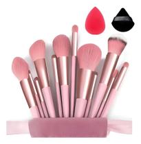 Pincel Maquiagem Kit 13 Peças Profissional Com Est Rosa