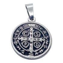 Pingente Aço Inox MEDALHA SÃO BENTO 2CM RELEVO PRATA E PRETO