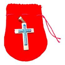 Pingente aço inox prata cruz relevo azul oração religioso Pingente aço inox prata cruz relevo azul oração religioso