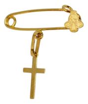 Pingente Alfinete Anjinho Com Cruz Chapa Em Ouro 18k Amarelo