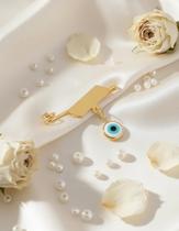 PINGENTE ALFINETE PLACA E PINGENTE OLHO GREGO MADREPÉROLA EM OURO 18K/750 (não fazemos a gravação)