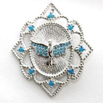 Pingente Amuleto Da Sorte Espírito Santo Biju Ródio Com Pedrinhas Azul