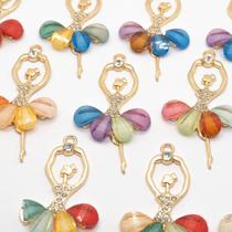 Pingente Bailarina Metal com Vidro e Strass Colorido 30x58mm 10pçs 50g